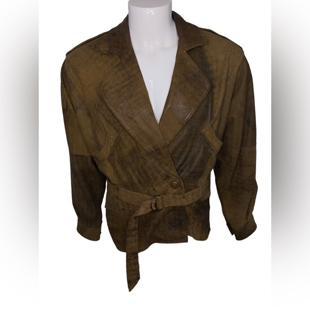 Medium Vintage 90s Whipp Brown Distressed Crop Belt Dolman Leather Jacket